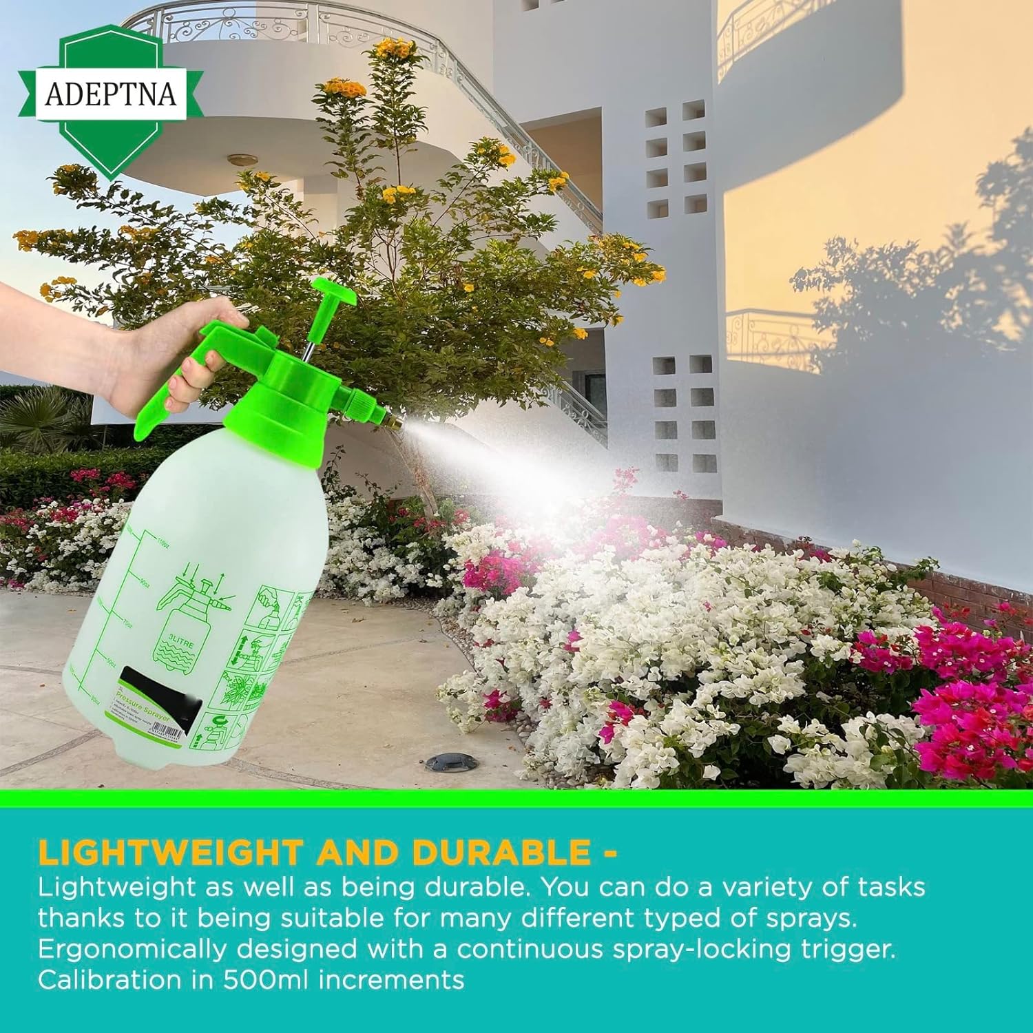 ADEPTNA Garden 3L Pressure Spray Bottle – Adjustable Pump Action Water Sprayer – Ideal for Spraying Water Fertilisers Herbicides Pesticides (3 LITRE)