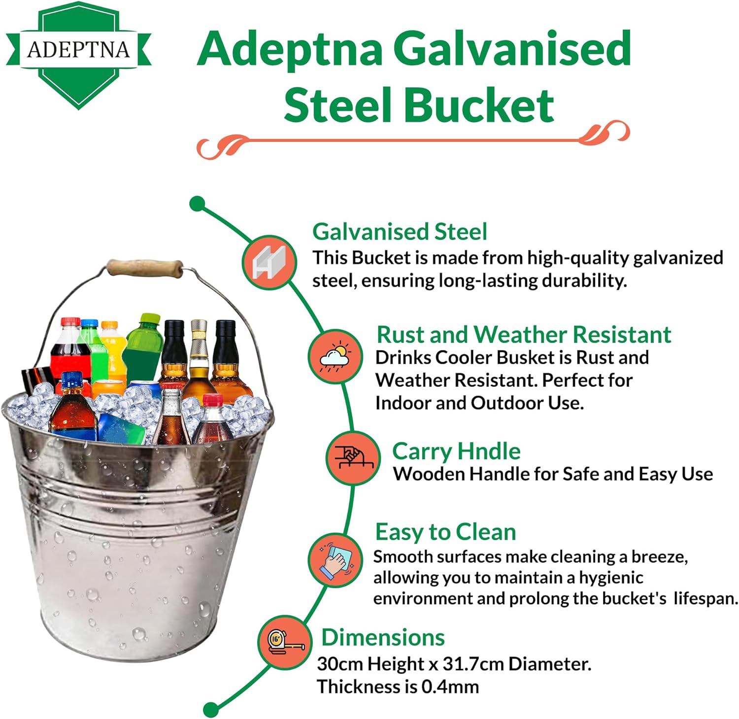 Galvanised Steel Round 15L Drinks Ice Cool Bucket with Wooden Handles