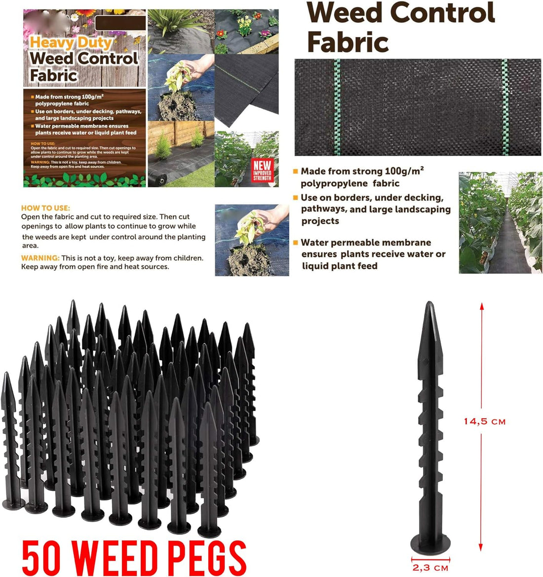 ADEPTNA Heavy Duty Garden Weed Control Fabric Membrane Made from Strong 100g/m² fabric with 50 Securing pegs - Ideal for use in Patios Garden Landscaping (2 X 10M + 50 PEGS)