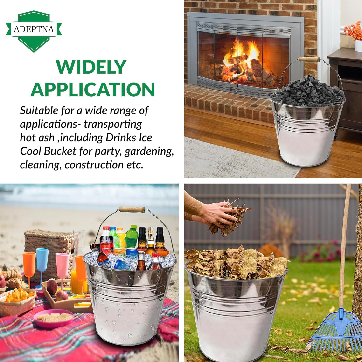 Robust Galvanized Steel Bucket with Wooden Handle for Cleaning Garden Storage 12L