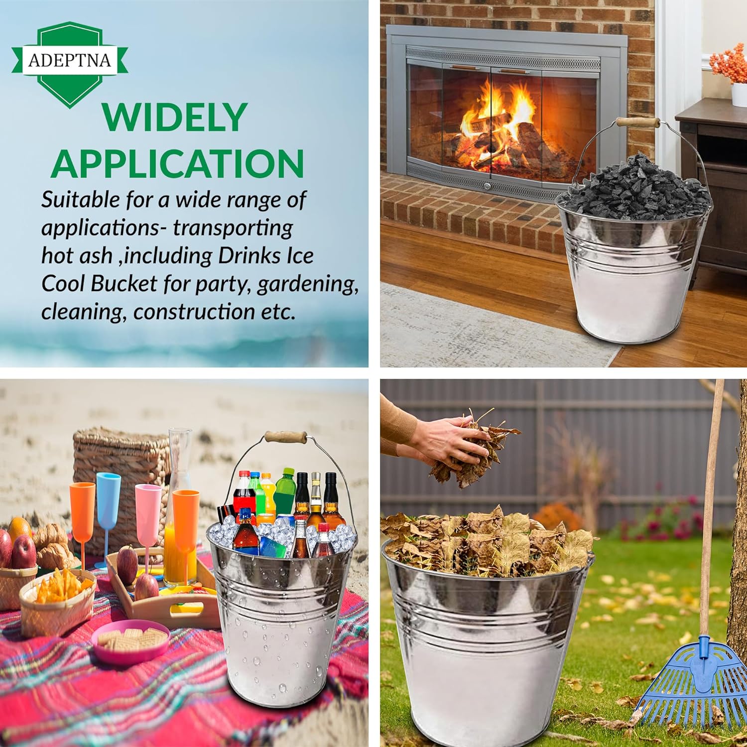 Galvanised Steel Round 15L Drinks Ice Cool Bucket with Wooden Handles