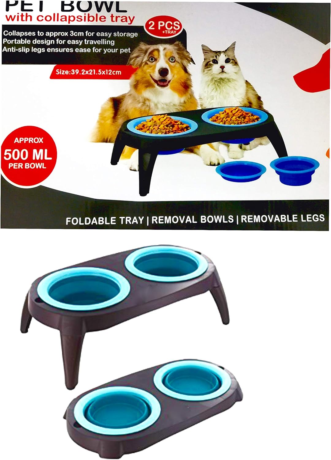 Collapsible Pet Feeding Bowl Set with Foldable Tray-
