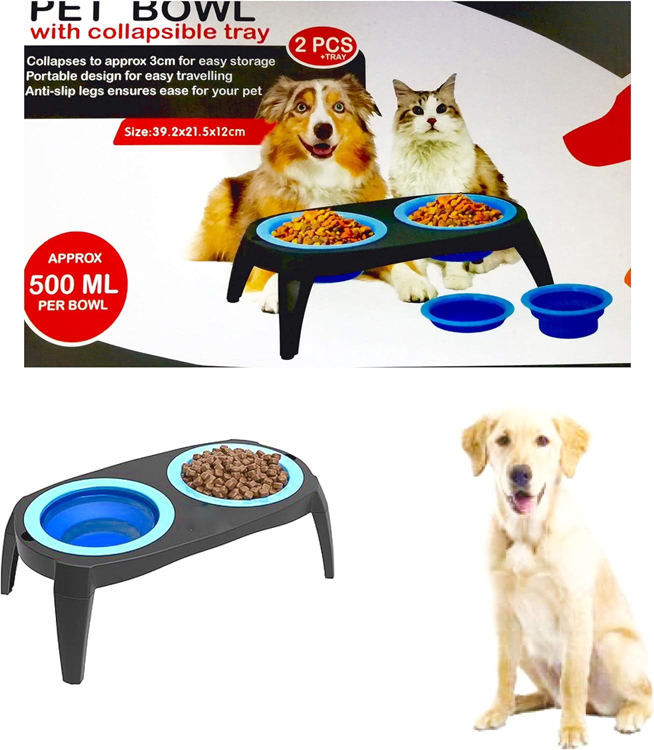 Collapsible Pet Feeding Bowl Set with Foldable Tray-