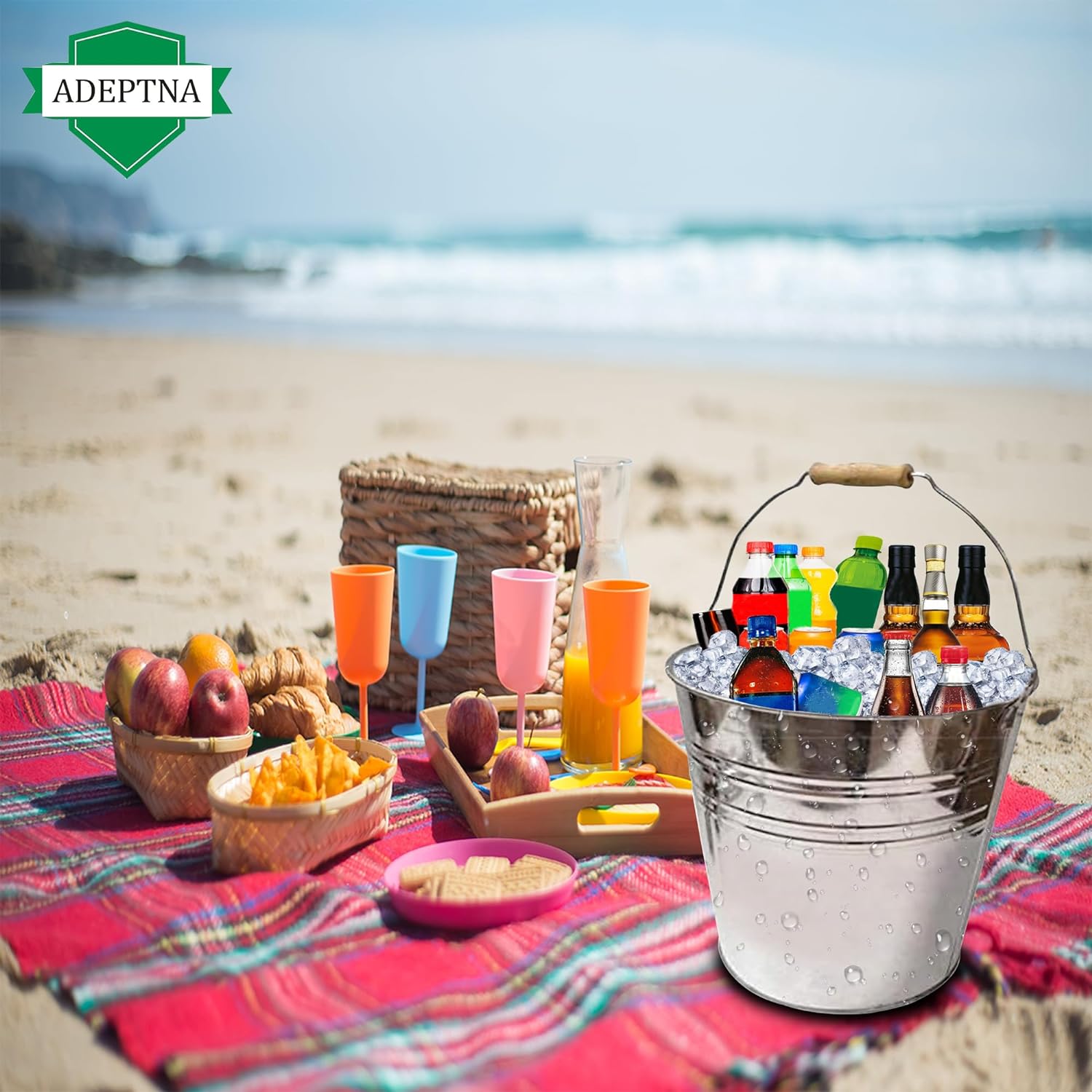 Galvanised Steel Round 15L Drinks Ice Cool Bucket with Wooden Handles