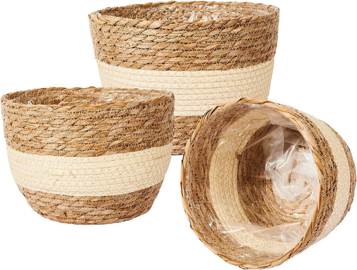 ADEPTNA 3pcs Wicker Plant Basket with Liner – 3 Sizes Seagrass Woven Natural Planter Baskets Home Decorative Plant Pot for Flowers Plants Trees Baskets for Indoor Outdoor Home Decoration