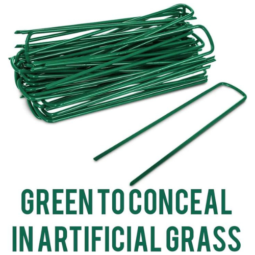 ADEPTNA Heavy Duty Green U-Shaped Garden Pins Securing Galvanised Metal Pegs For Artificial Grass Weed Fabric Landscape Netting Ground Sheets Fleece 15cm Powder Coated (PACK OF 50)