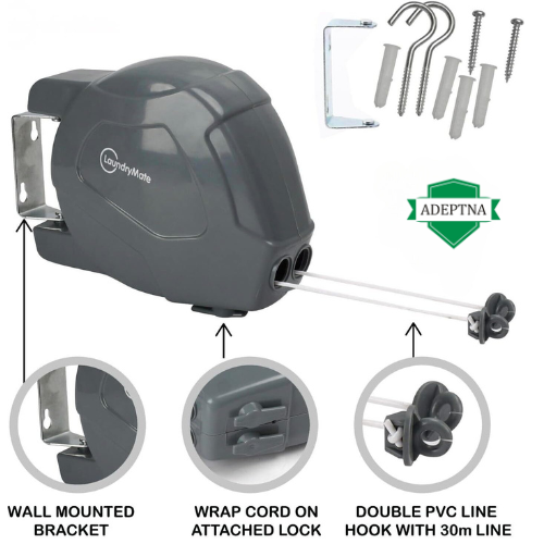 Automatic Retractable Washing Line Double Rope Wall Mount Laundry Hanger – (30m DOUBLE ROPE 2 x 15m)