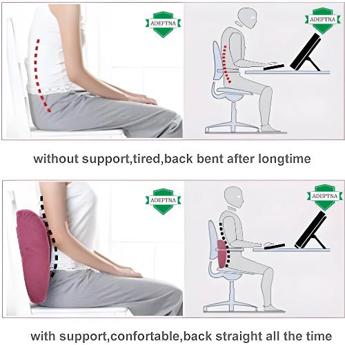 Memory foam back support pillow for pain relief and comfort.