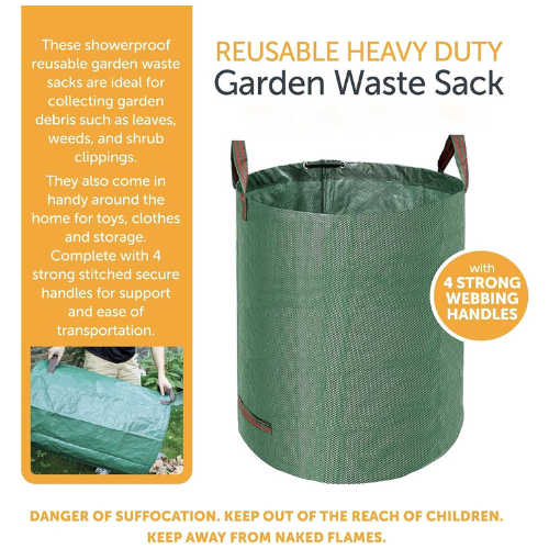 Reusable Heavy Duty Garden Bag Waste Rubbish Grass Sack Waterproof Large with 4 Strong Webbing Handles (300L Capacity)