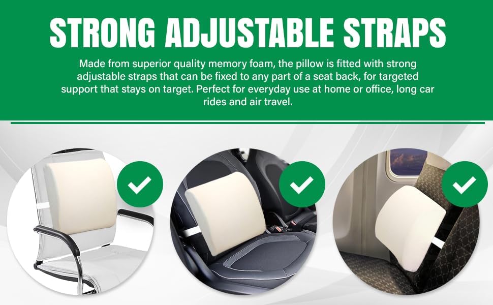 Memory foam back support pillow for pain relief and comfort.