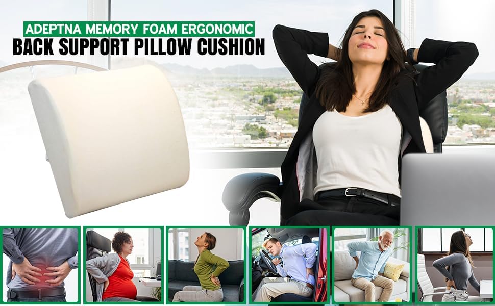 Memory foam back support pillow for pain relief and comfort.